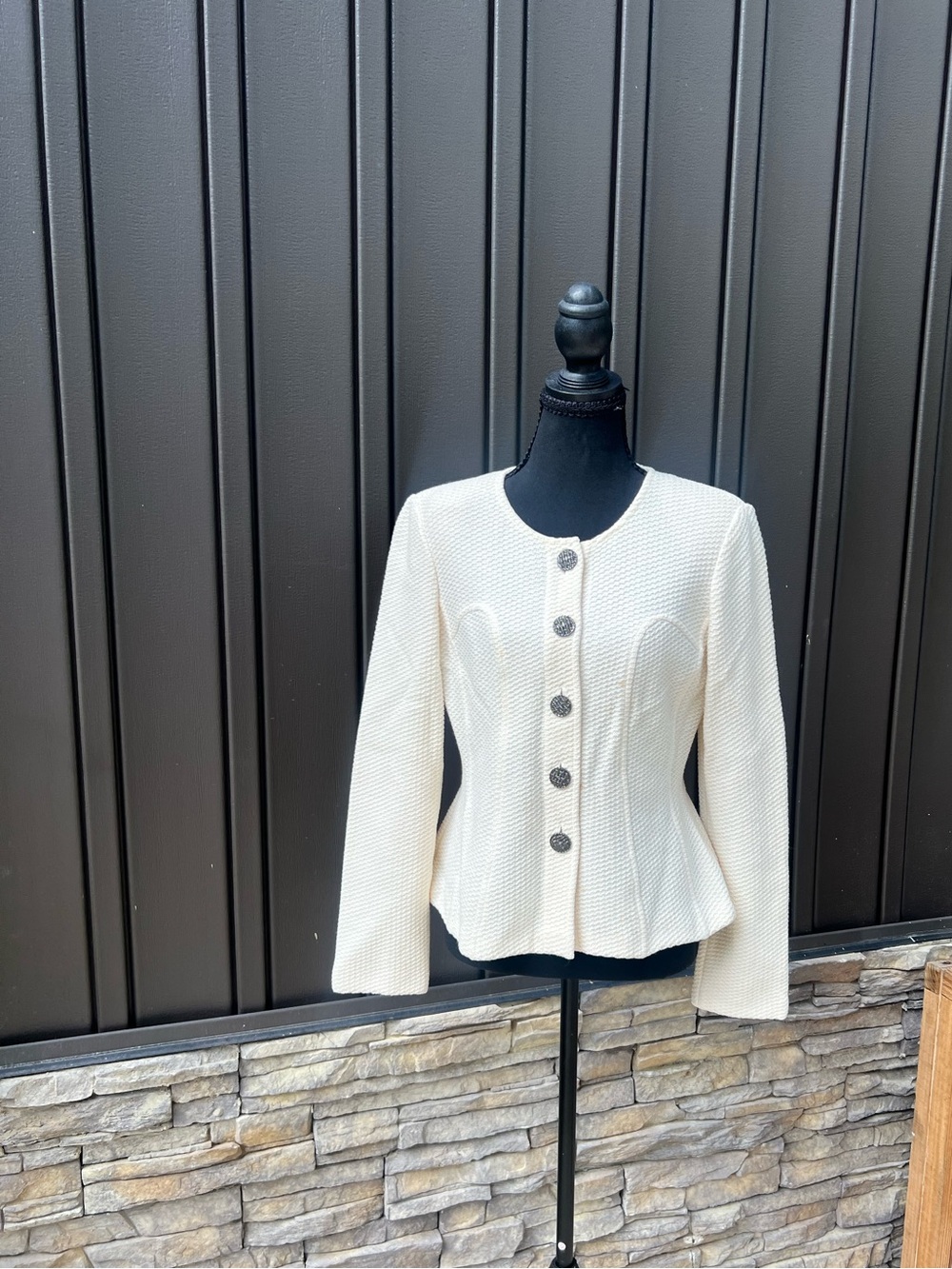 St. John Cream Textured Button-Front Blazer